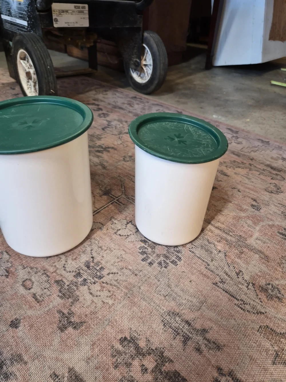 Tupperware White Canister Set with Green Lids Vintage - 4 Piece Touch Close